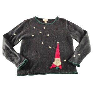 Northern Isles Women's Medium Cozy Tweed Knit Gnome Sweater Black Whimsical